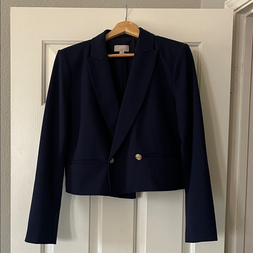 LOFT Navy Cropped Double-Breasted Blazer with Gold Buttons